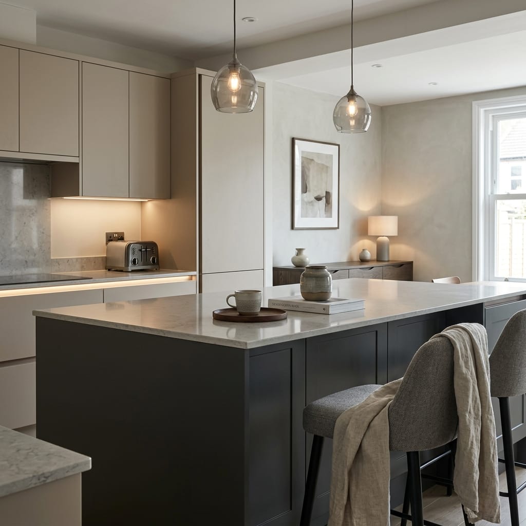 Bespoke kitchen island detail, matt painted handleless slab cabinetry with quality joinery
