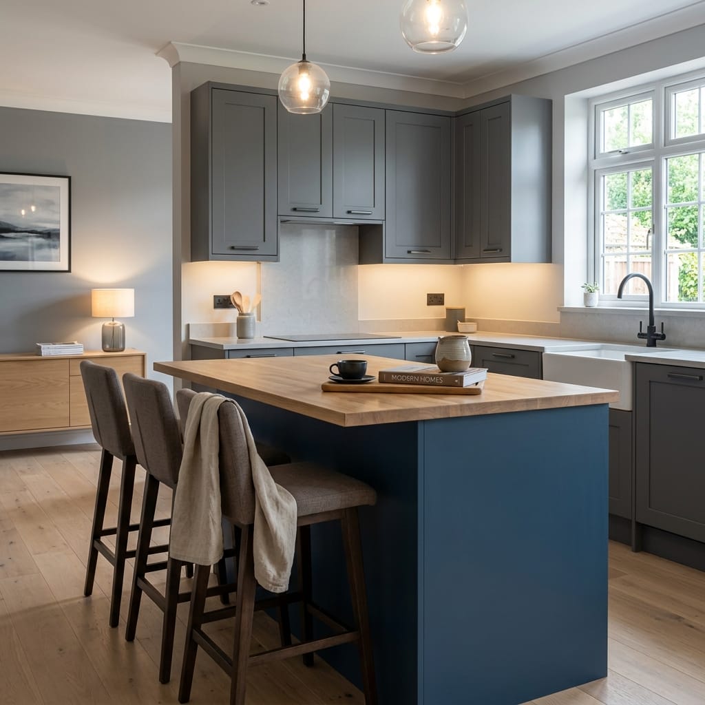 Bespoke kitchen island detail, contemporary painted lay-on cabinetry with quality joinery