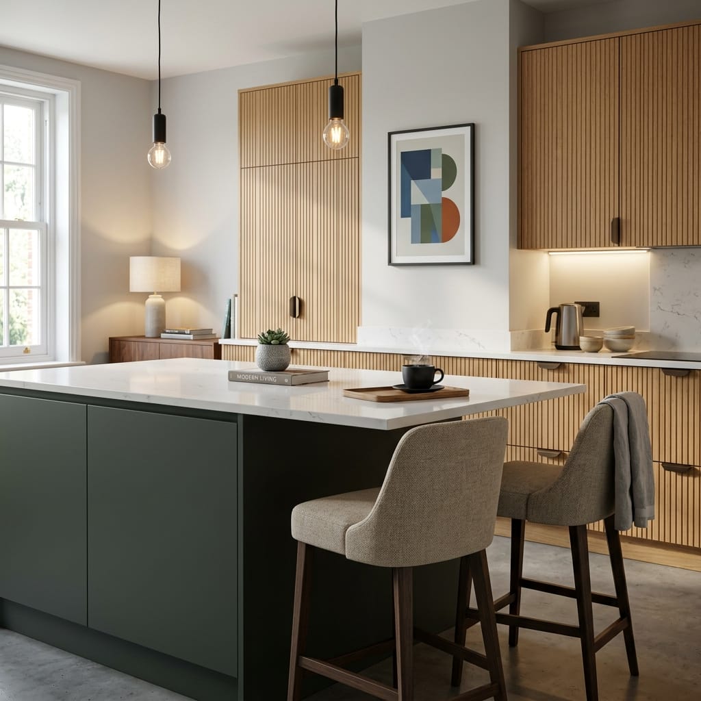 Bespoke kitchen island detail, contemporary painted lay-on cabinetry with quality joinery