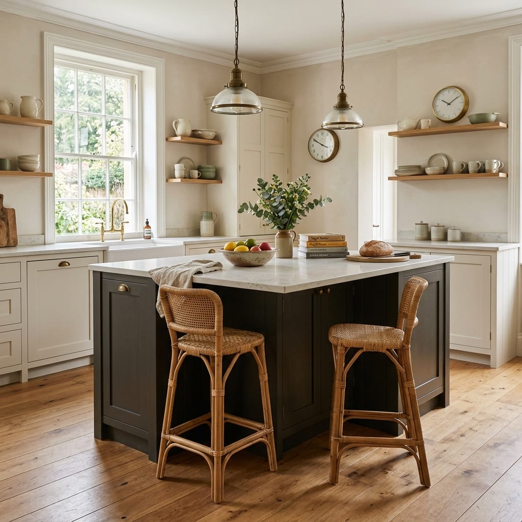 square1_800x800-42 light kitchen with dark island, rattan stools and open wooden shelves