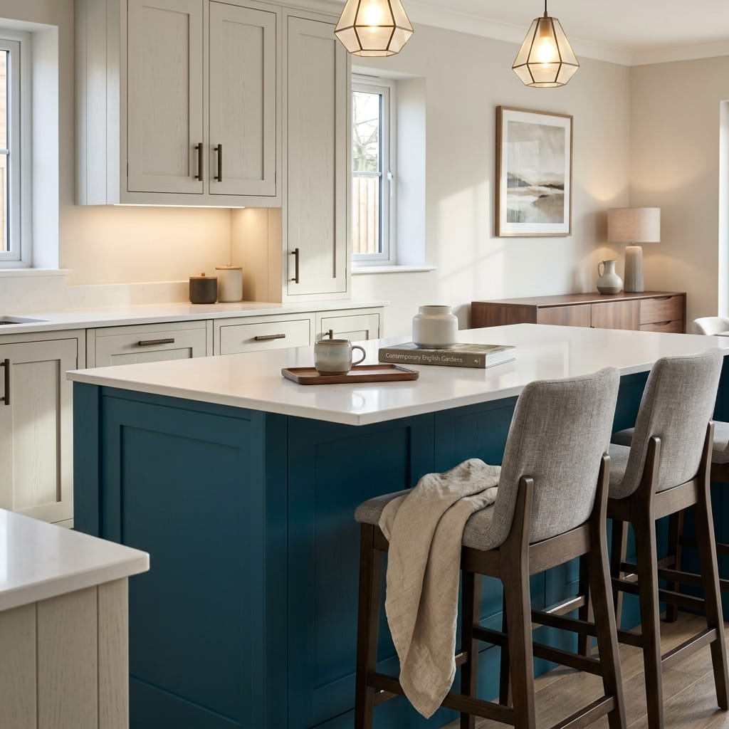 Bespoke kitchen island detail, modern shaker cabinetry with quality joinery