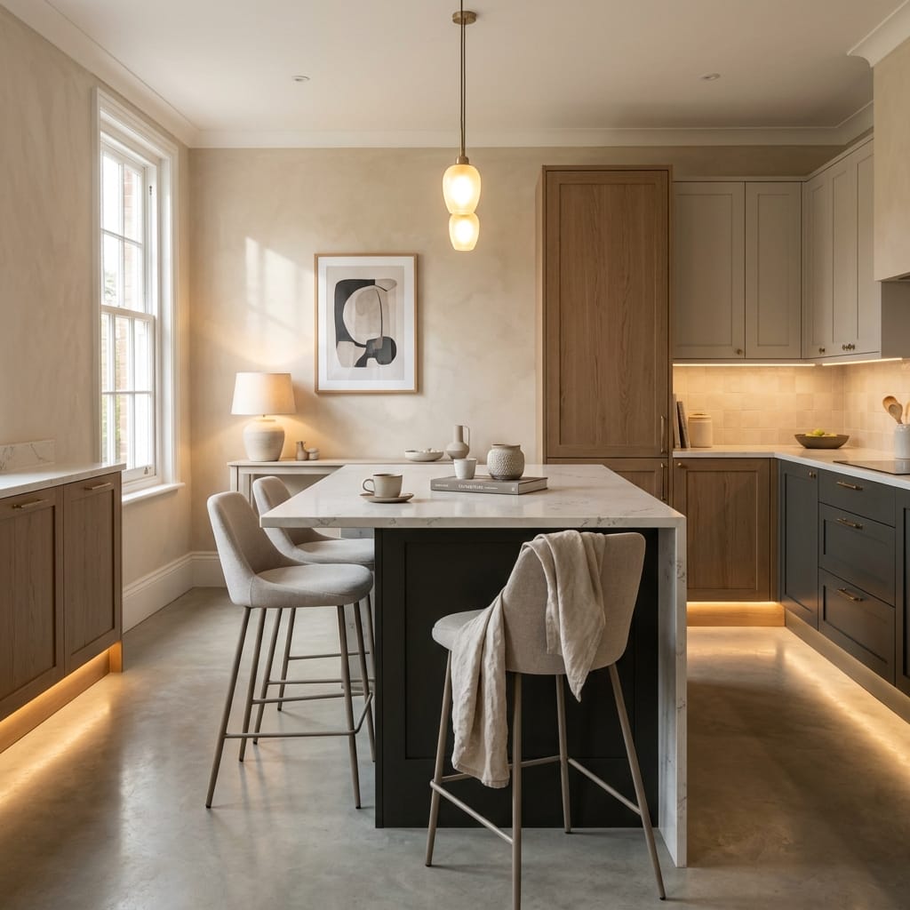 Bespoke kitchen island detail, contemporary painted lay-on cabinetry with quality joinery
