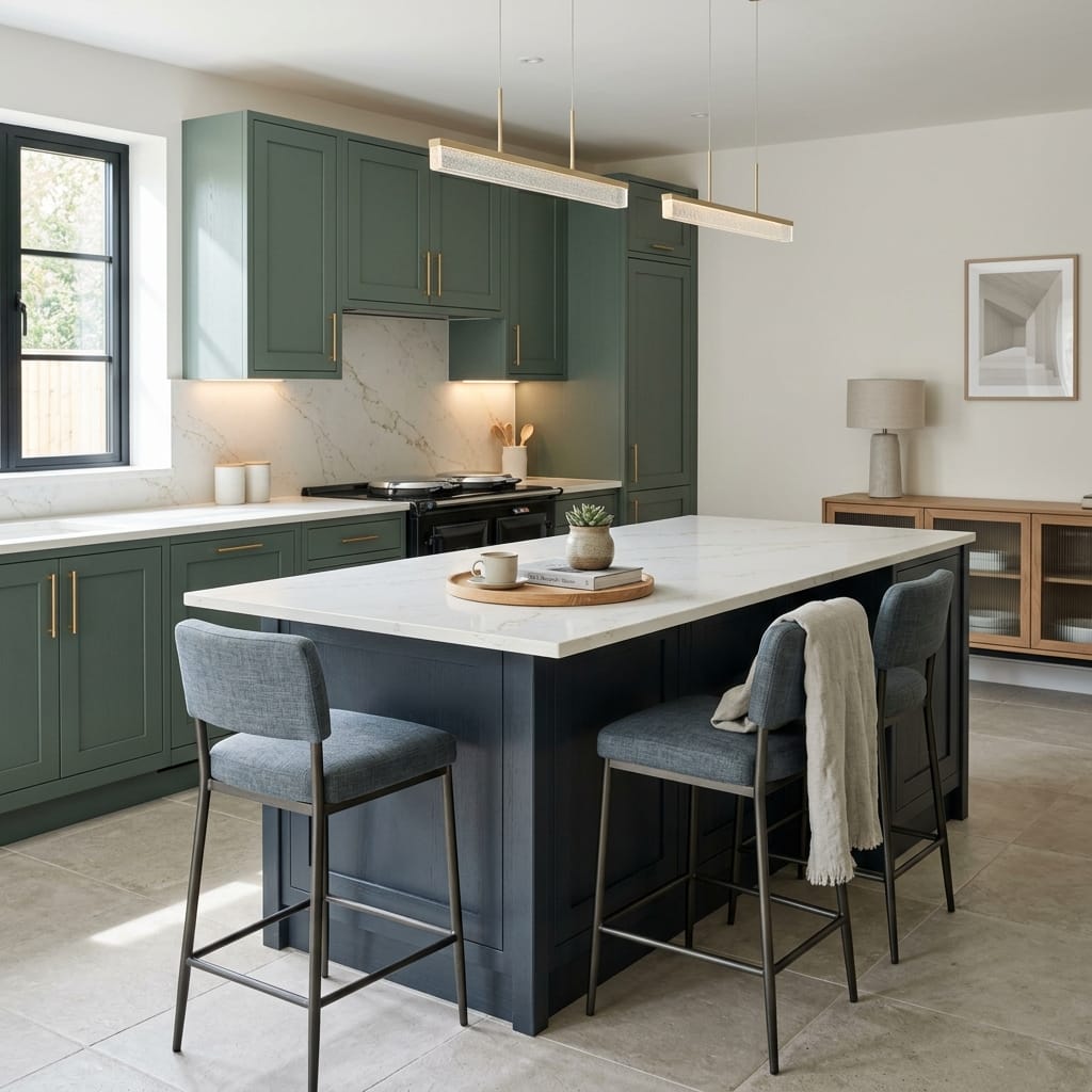 Bespoke kitchen island detail, modern shaker cabinetry with quality joinery