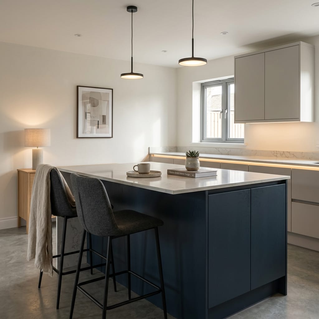 Bespoke kitchen island detail, contemporary painted lay-on cabinetry with quality joinery