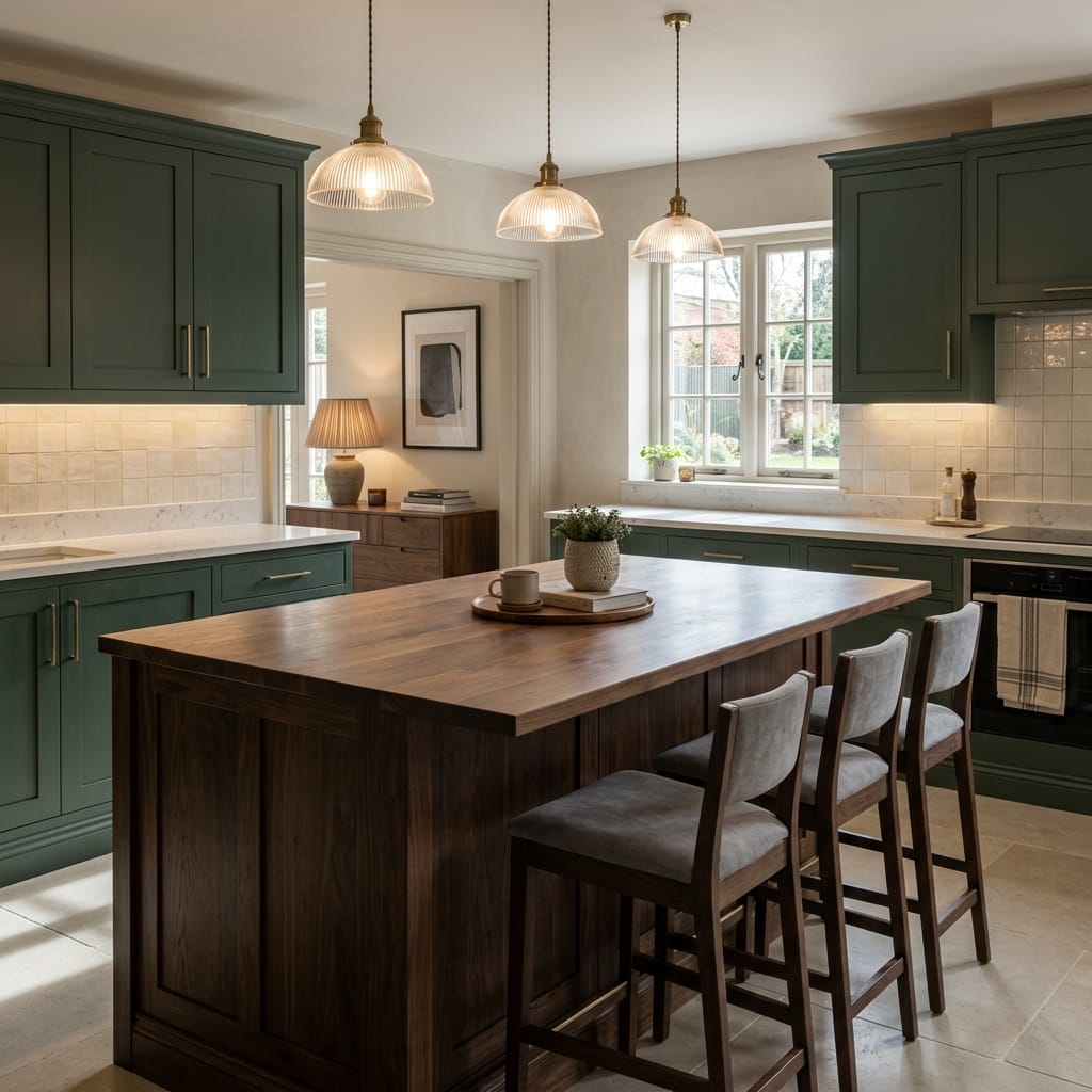 Bespoke kitchen island detail in a Bishop's Stortford home, modern shaker cabinetry with quality joinery