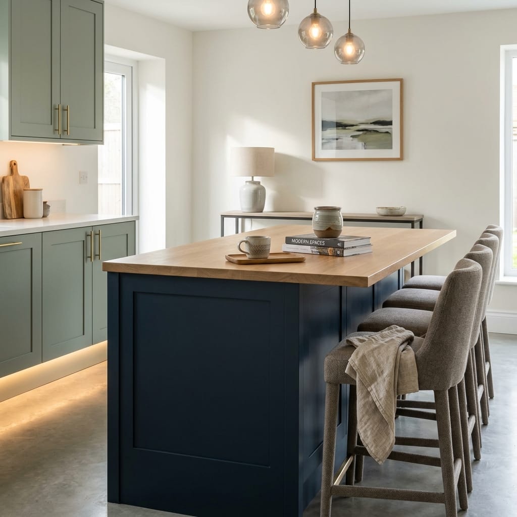 Bespoke kitchen island detail, timber veneer slab-door cabinetry with quality joinery