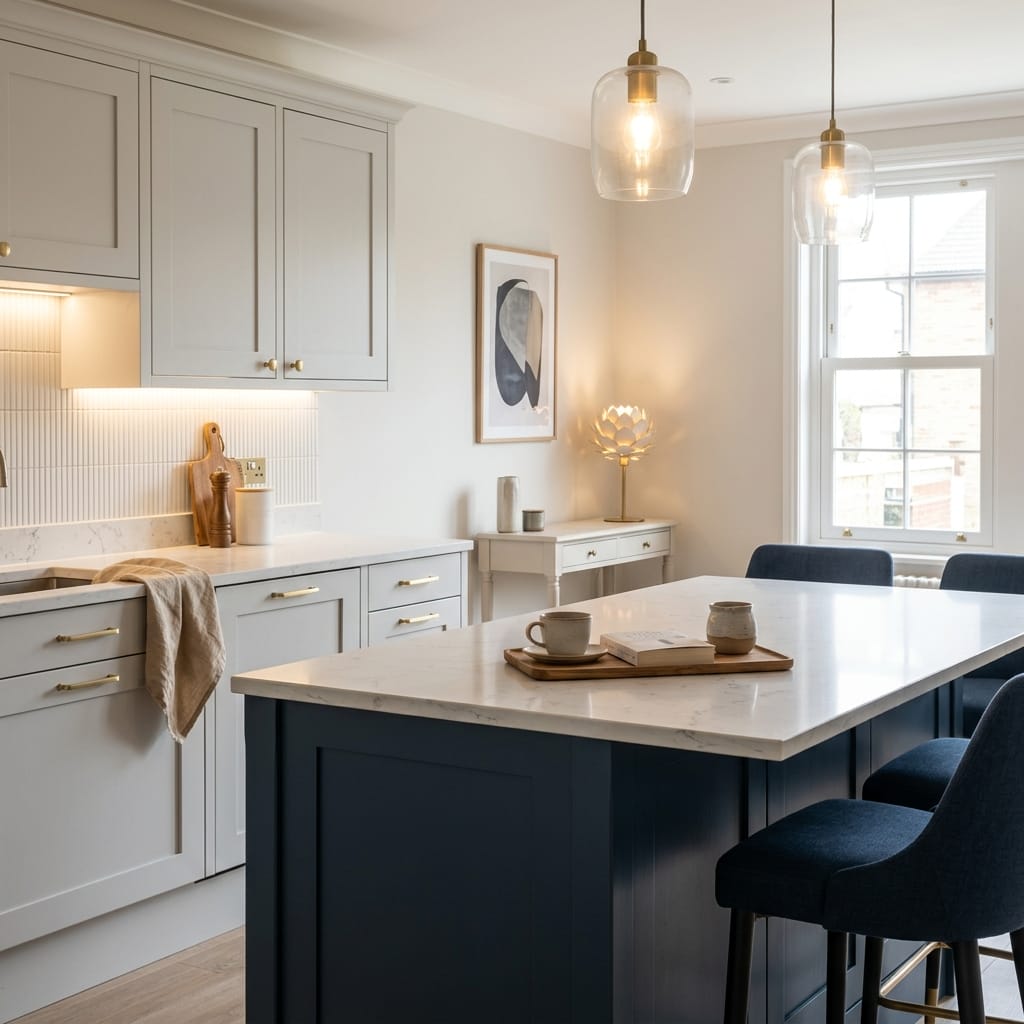 Bespoke kitchen island detail, modern shaker cabinetry with quality joinery