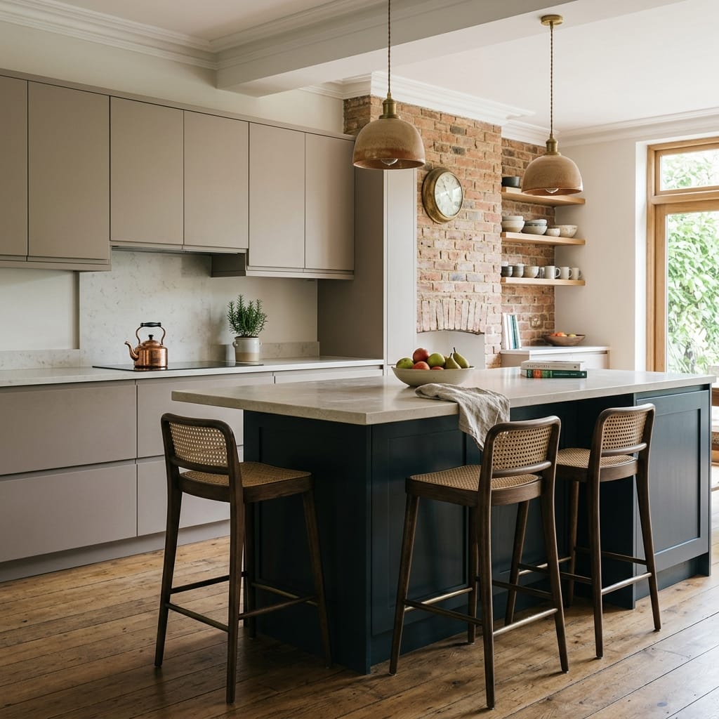 square1_800x800-43 Modern kitchen with matte taupe cupboards, navy island, and exposed brick wall