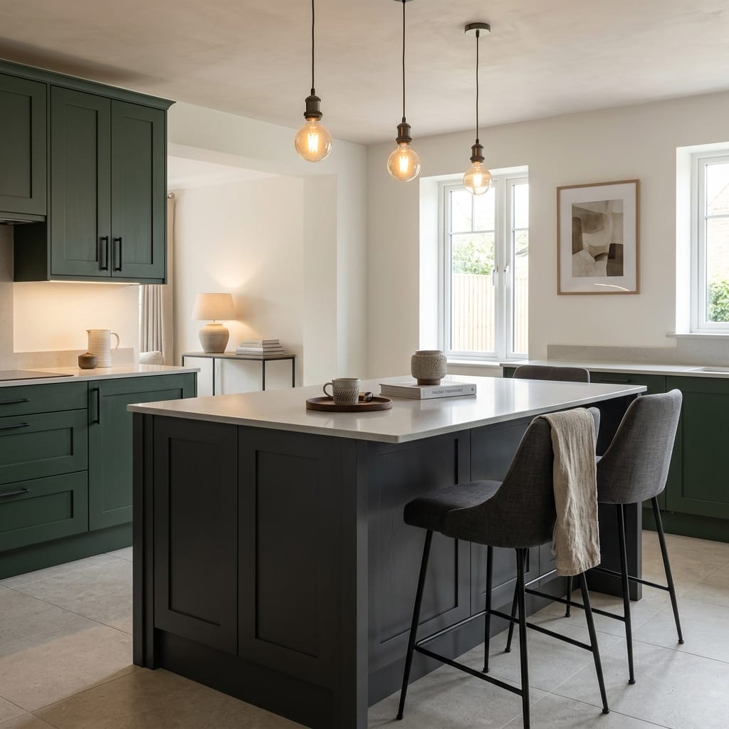 Bespoke kitchen island detail, contemporary painted lay-on cabinetry with quality joinery
