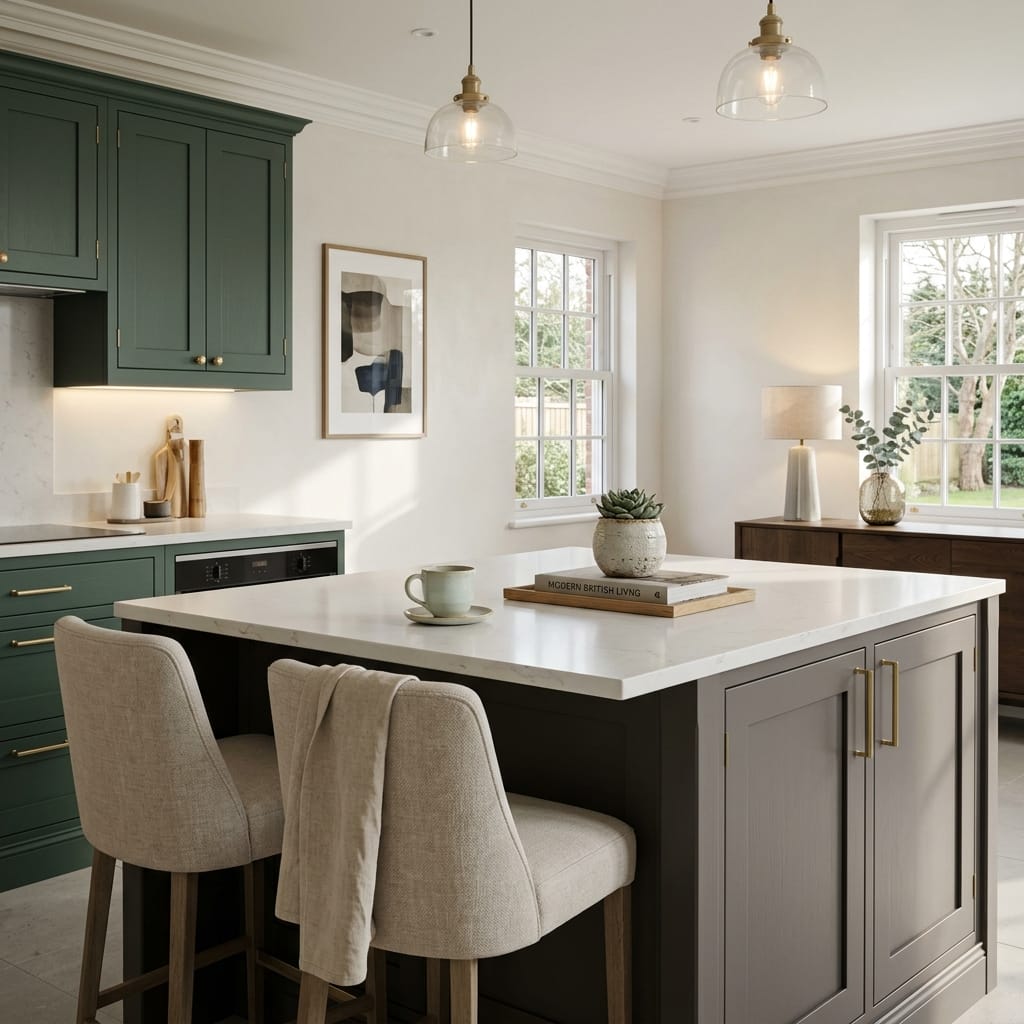 Bespoke kitchen island detail, contemporary painted lay-on cabinetry with quality joinery