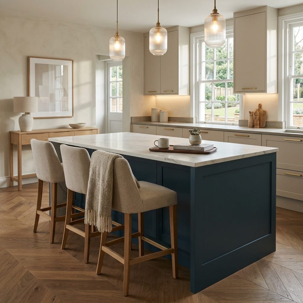 Bespoke kitchen island detail, modern shaker cabinetry with quality joinery