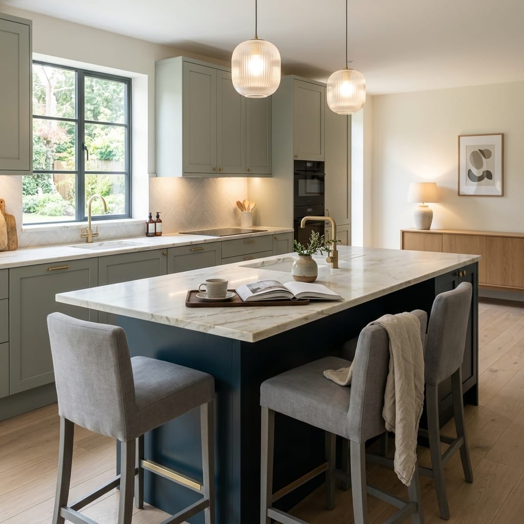 Bespoke kitchen island detail, modern shaker cabinetry with quality joinery