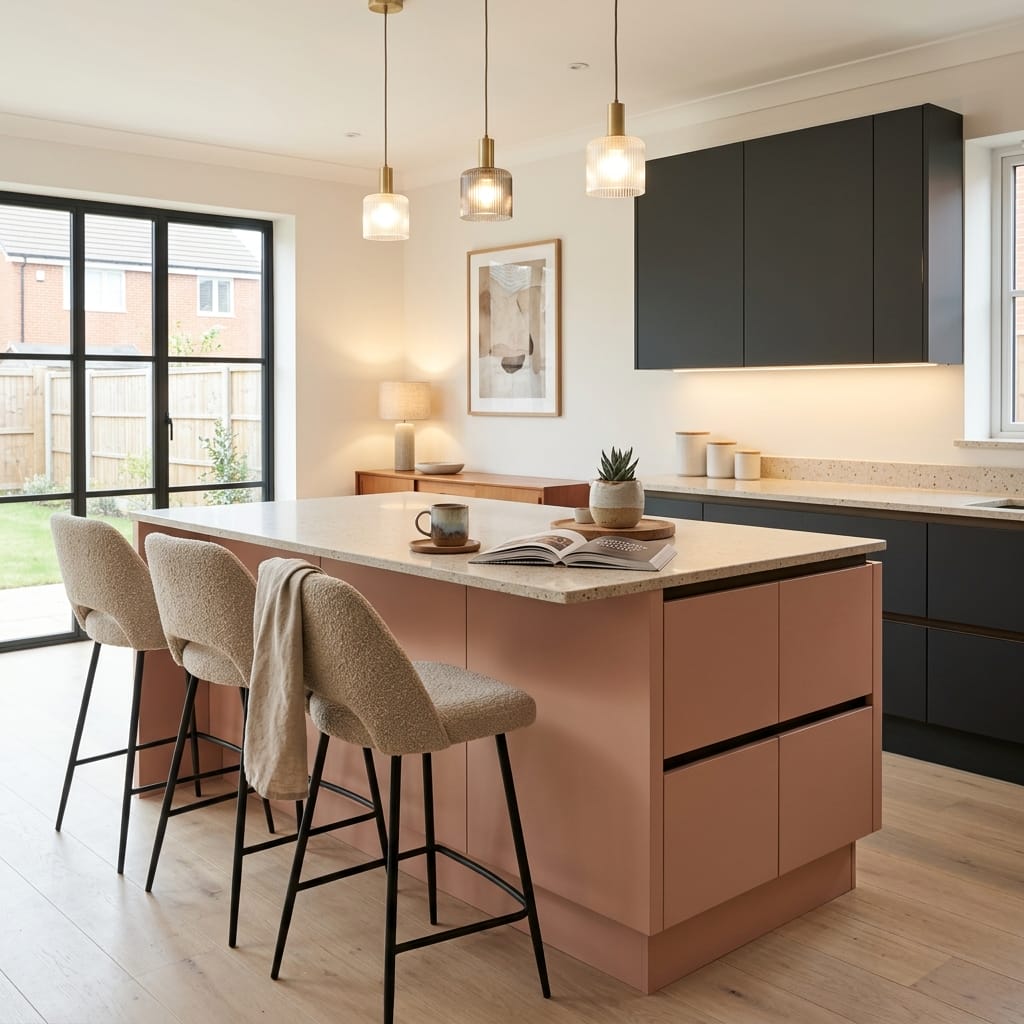 Bespoke kitchen island detail, contemporary painted lay-on cabinetry with quality joinery