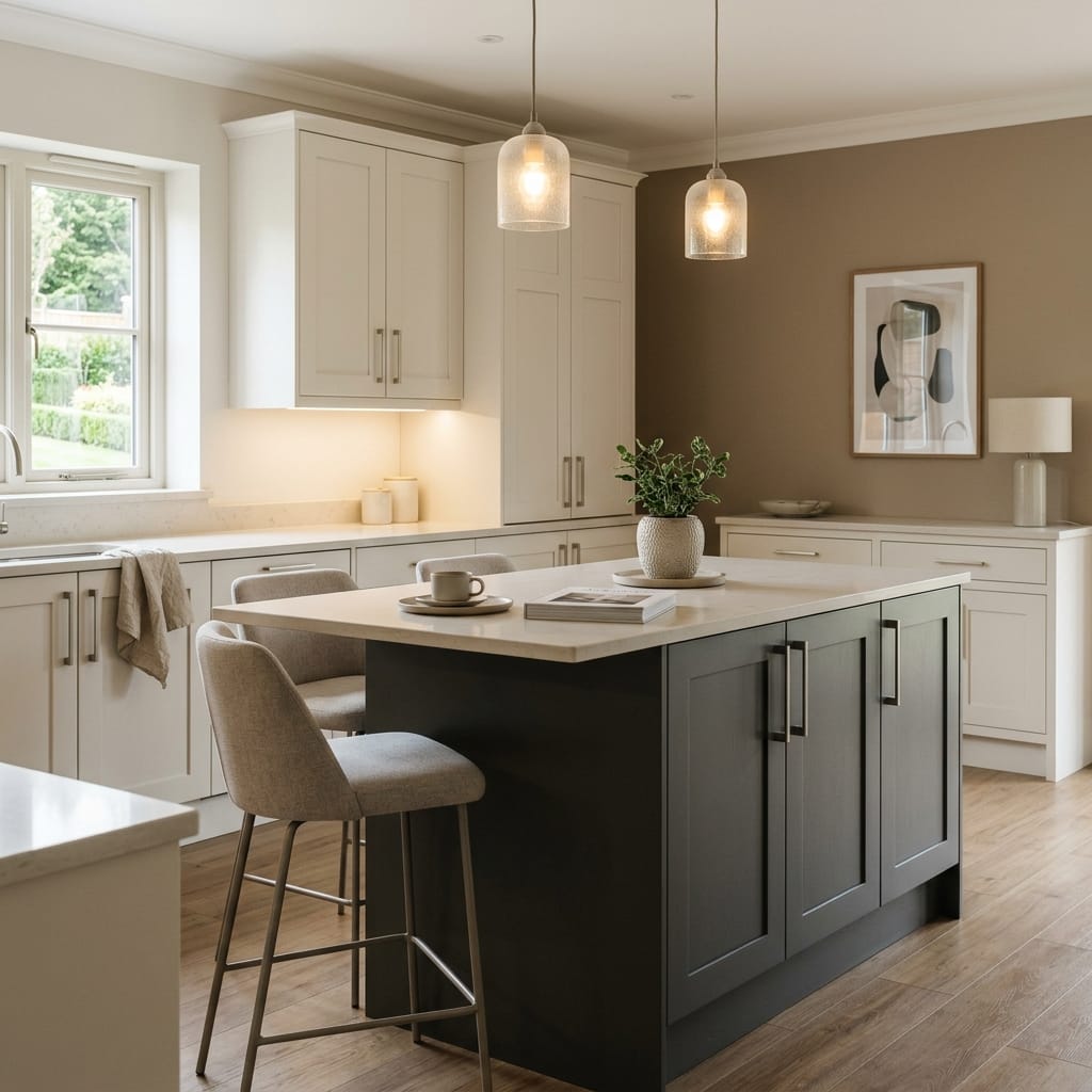 Bespoke kitchen island detail, contemporary painted lay-on cabinetry with quality joinery