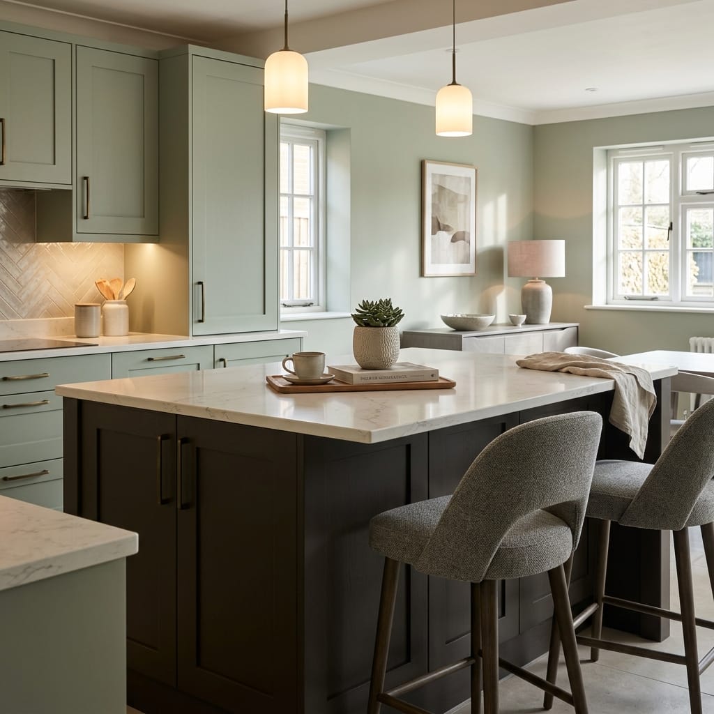 square1_800x800-446 Bespoke kitchen island detail, matt painted handleless slab cabinetry with quality joinery