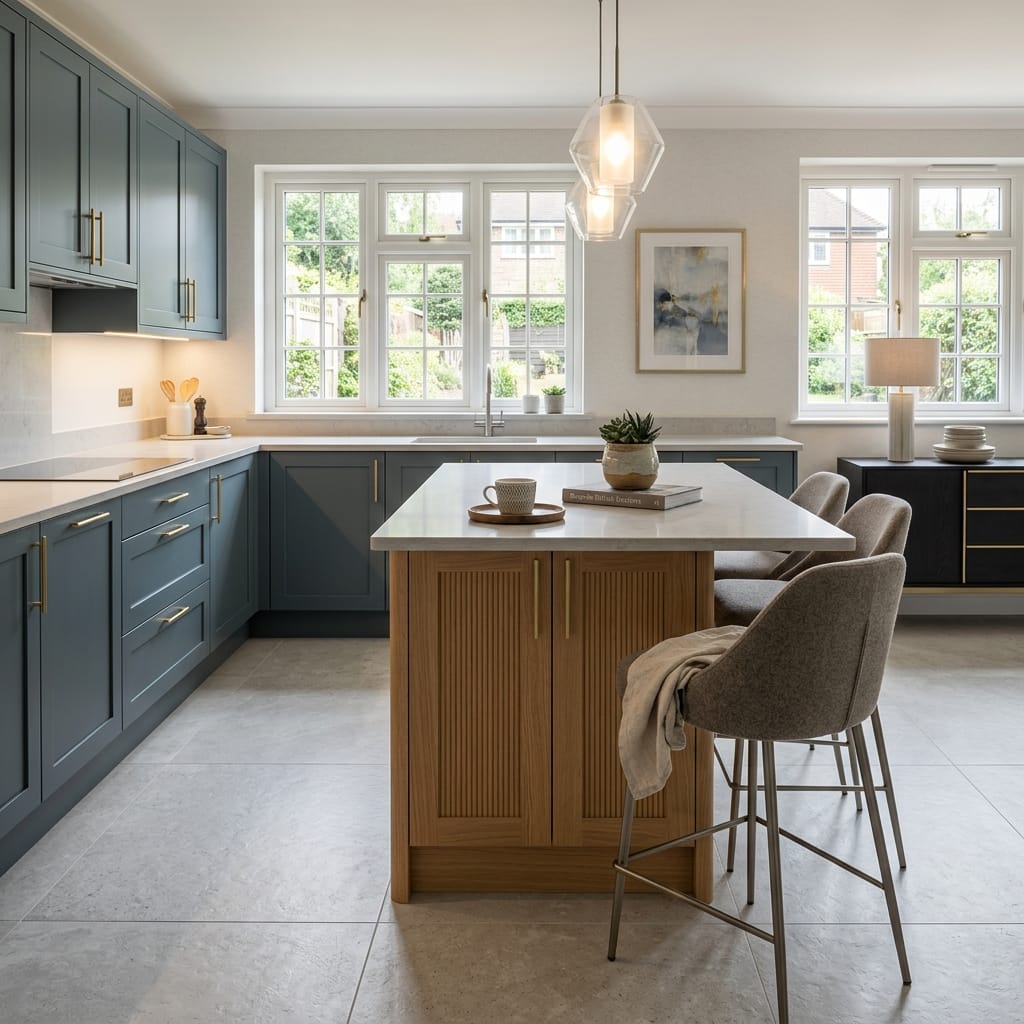 Bespoke kitchen island detail, contemporary painted lay-on cabinetry with quality joinery