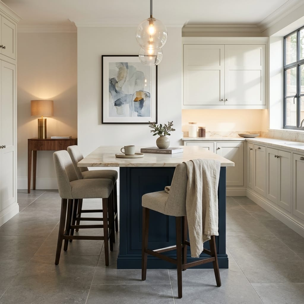 Bespoke kitchen island detail, matt painted handleless slab cabinetry with quality joinery