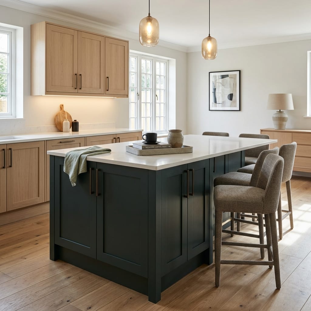Bespoke kitchen island detail, matt painted handleless slab cabinetry with quality joinery