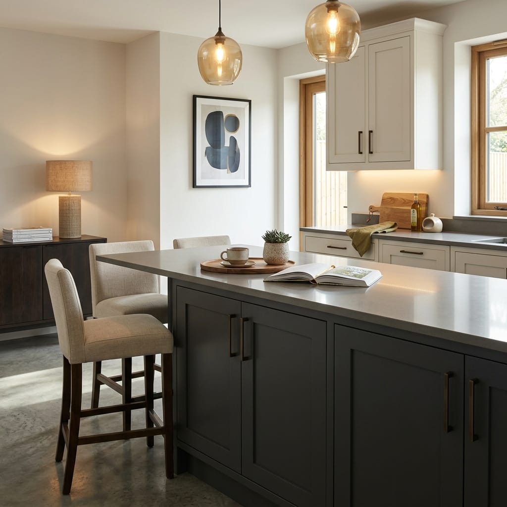 Bespoke kitchen island detail, matt painted handleless slab cabinetry with quality joinery