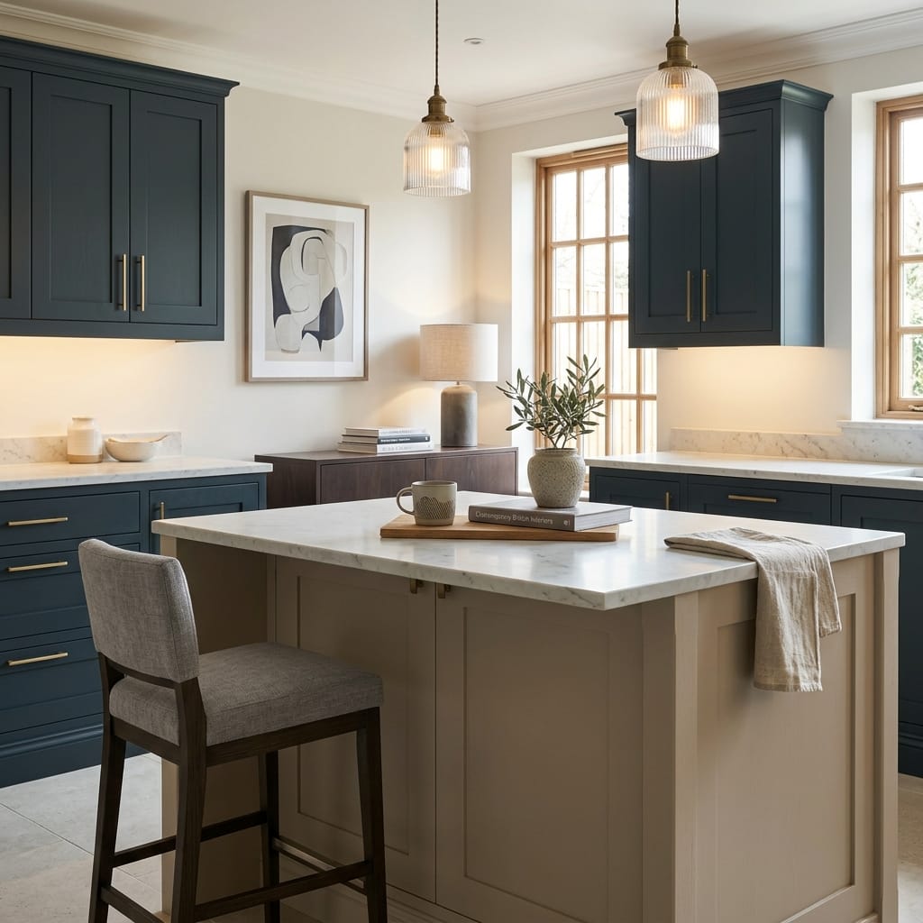 square1_800x800-457 Bespoke kitchen island detail, matt painted handleless slab cabinetry with quality joinery