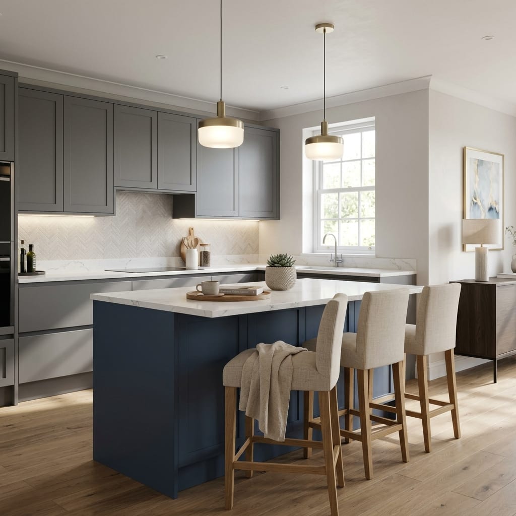 Bespoke kitchen island detail, modern shaker cabinetry with quality joinery