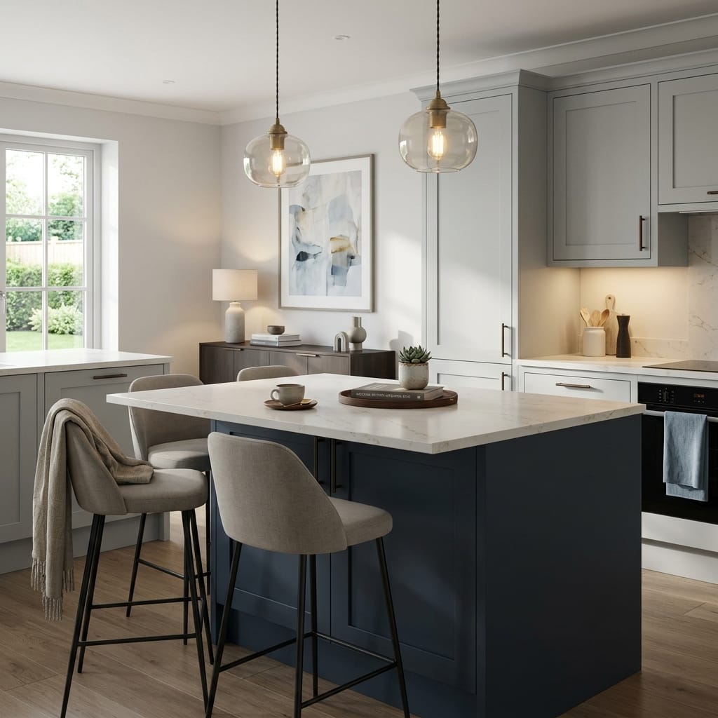 Bespoke kitchen island detail, matt painted handleless slab cabinetry with quality joinery