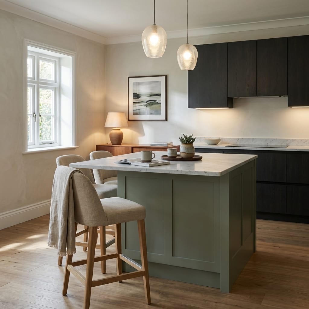 Bespoke kitchen island detail, modern shaker cabinetry with quality joinery