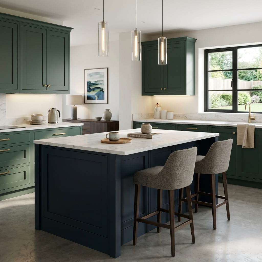 Bespoke kitchen island detail, matt painted handleless slab cabinetry with quality joinery