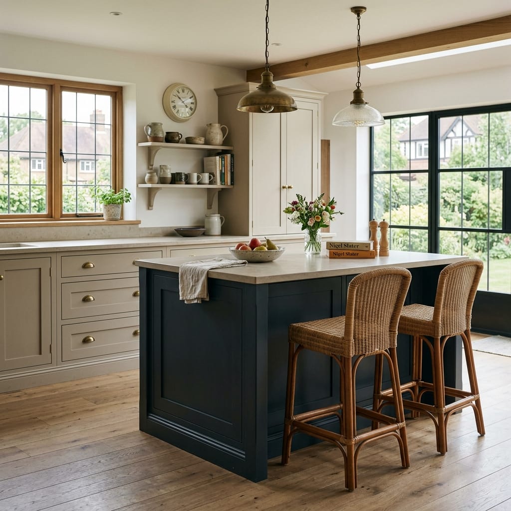 Shaker-style kitchen with navy island, rattan stools and brass pendant lights