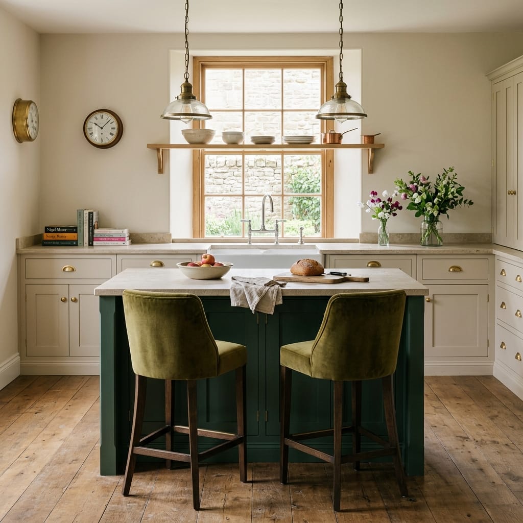 sage green island with velvet stools and wooden flooring in light kitchen