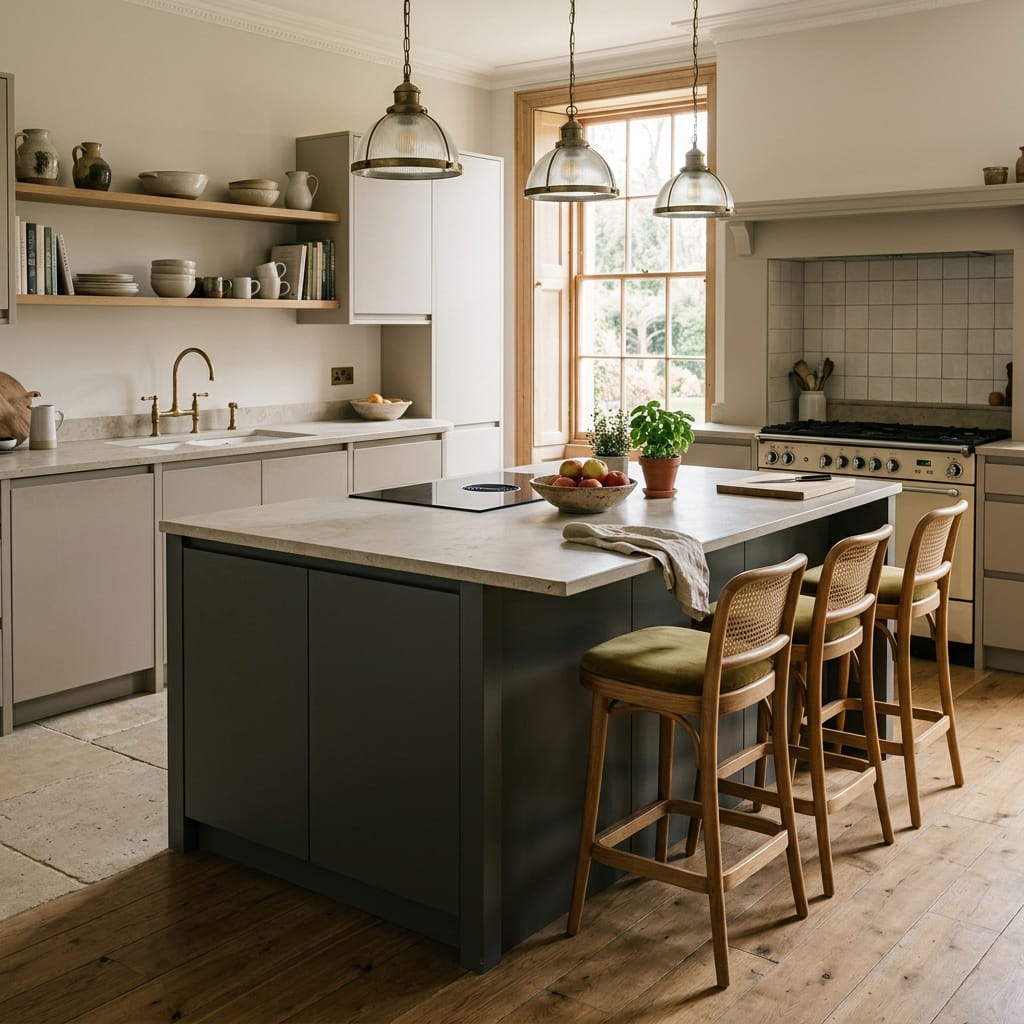 modern kitchen with sage green island, wooden stools, and pendant glass lights