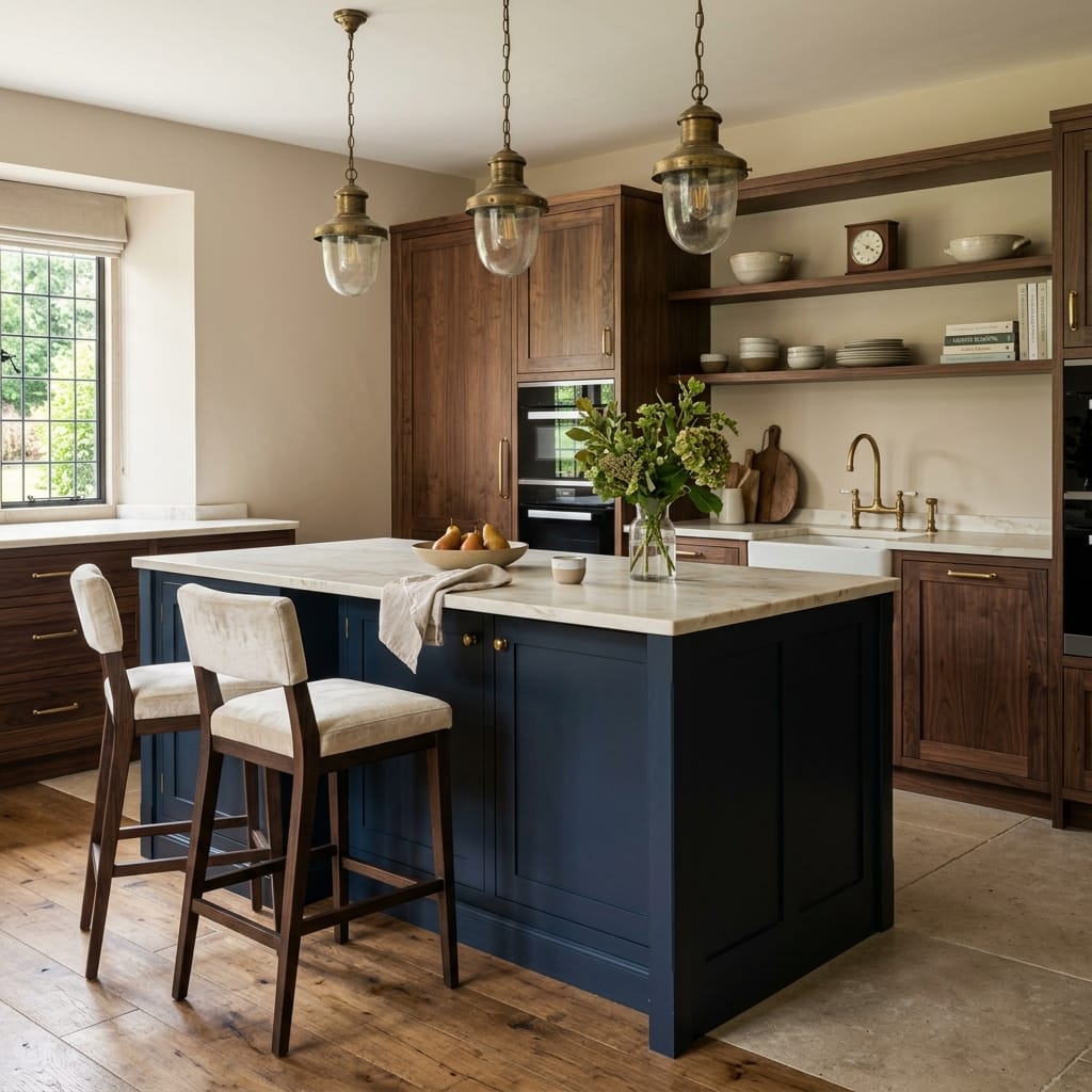 navy island with marble worktop, wooden cabinets, brass pendant lights