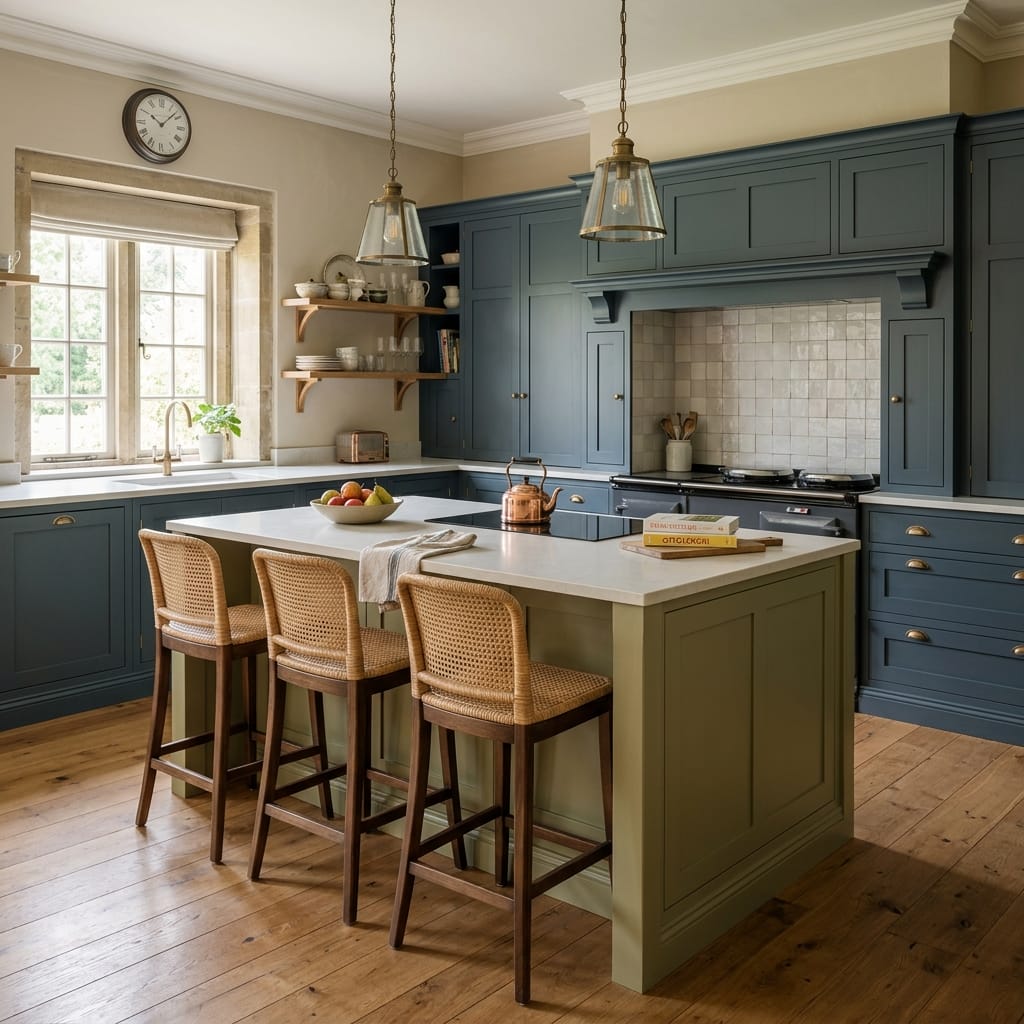 square1_800x800-62 sage green island with rattan bar stools and blue shaker cupboards