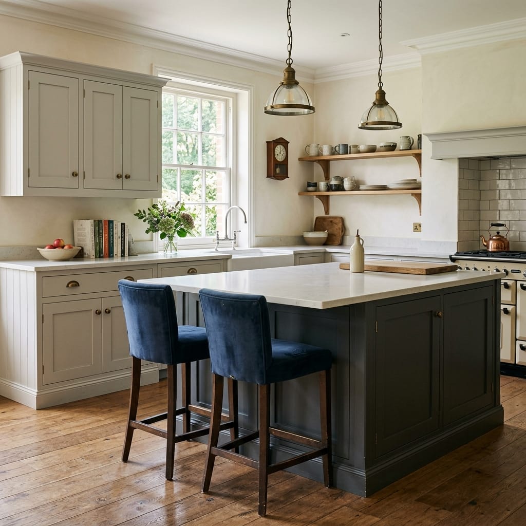 square1_800x800-63 Classic kitchen with navy island, blue velvet stools and glass pendant lights