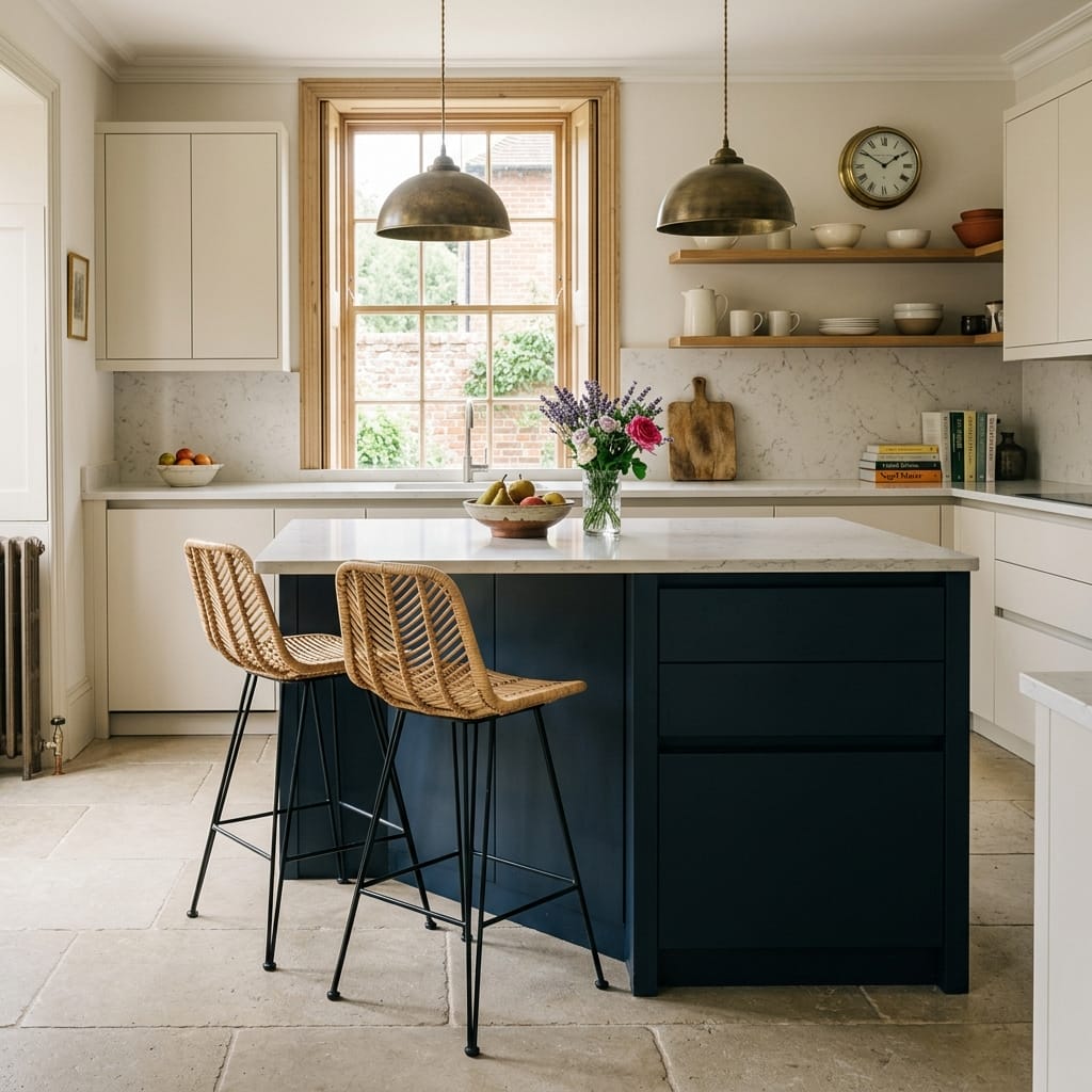 square1_800x800-65 modern kitchen with navy island, rattan stools and brass pendant lights