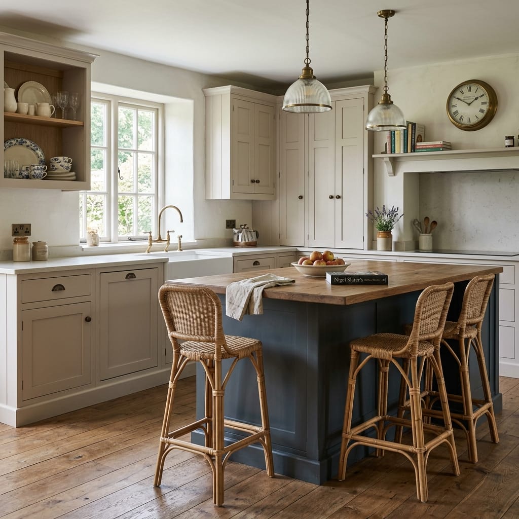 Classic Mastercraft kitchen with cream cabinets, navy island, wicker stools and wooden flooring