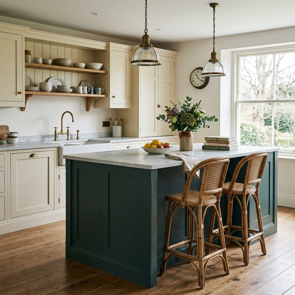 cream cupboards, dark green island, wooden stools, marble worktops, glass pendant lights