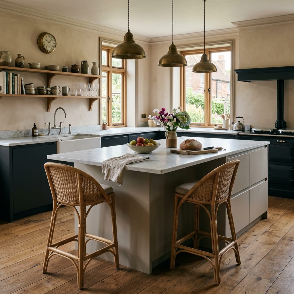Classic kitchen with marble island, wooden stools and brass pendant lights