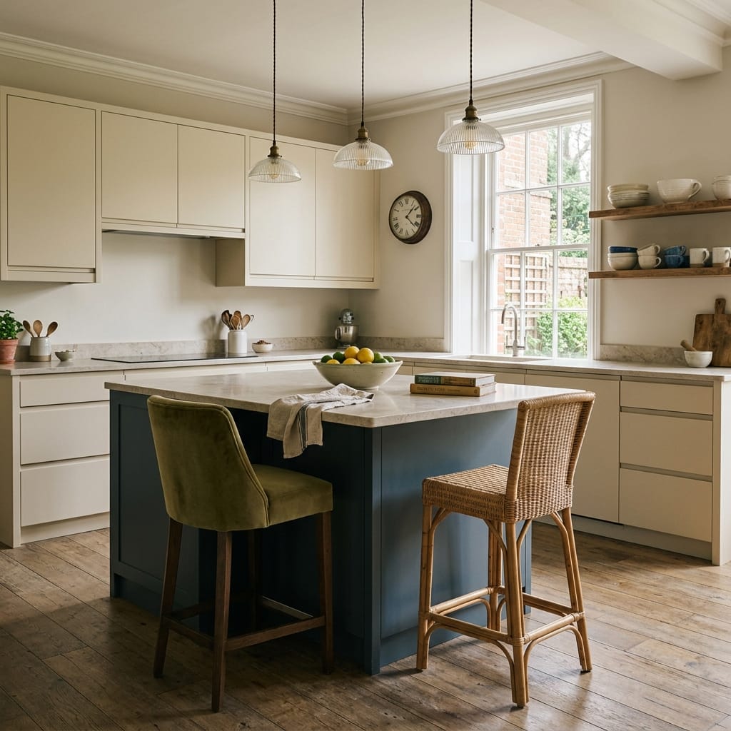 square1_800x800-69 cream cupboards, blue island, wooden floor, pendant lights, open shelving with crockery