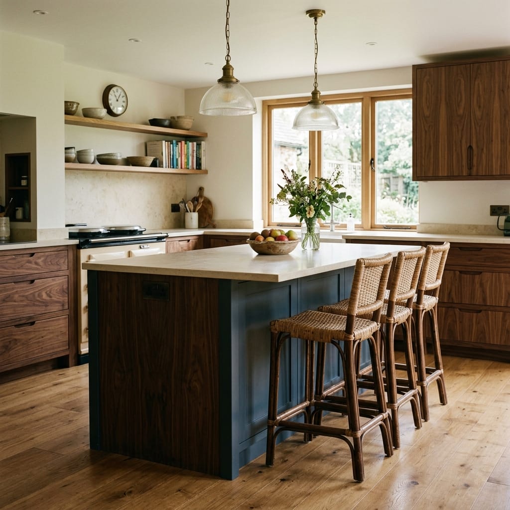 Bespoke kitchen cabinetry detail, timber veneer slab-door cabinetry with quality joinery