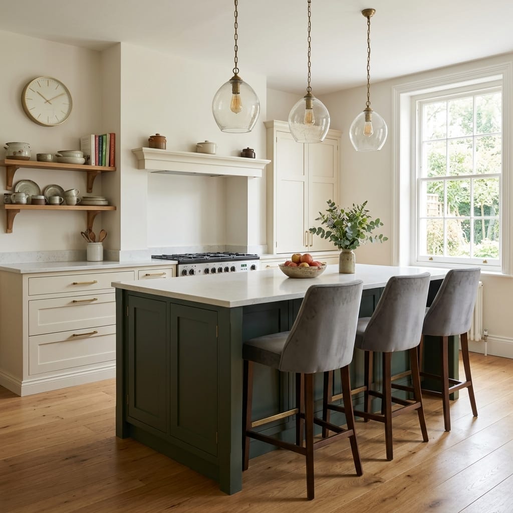Classic kitchen with green island, pendant lights and wooden floor