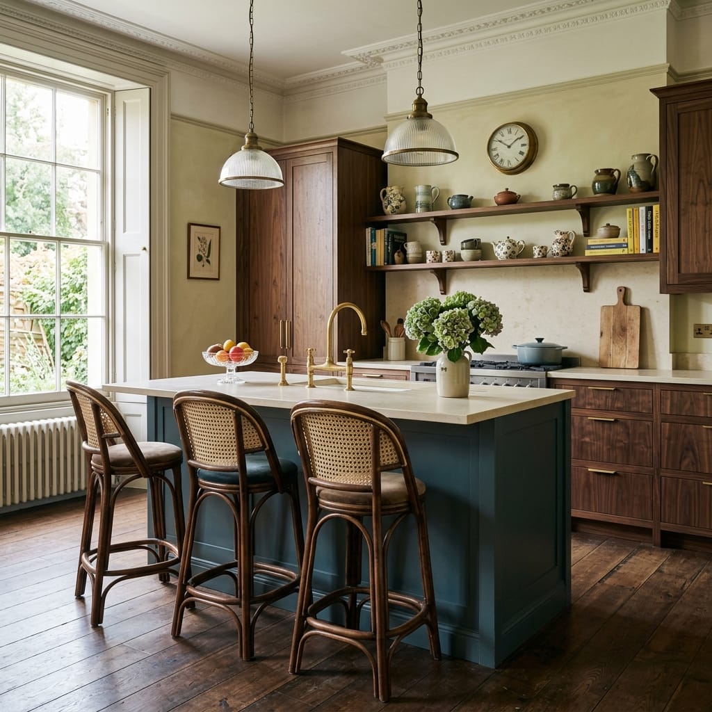 blue island with rattan bar stools and wooden open shelving