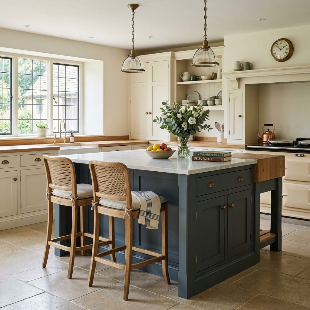 Classic Mastercraft kitchen with navy island, marble worktop, and rattan bar stools