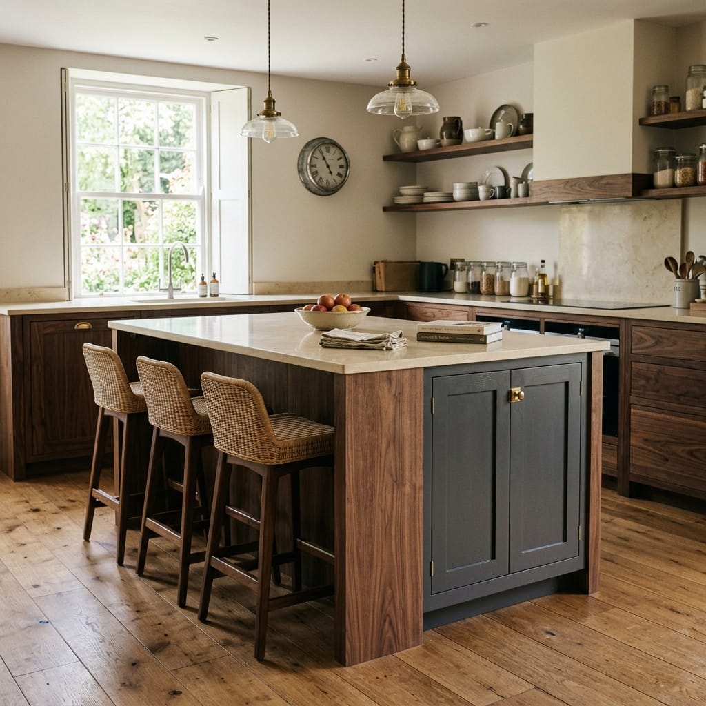 wooden kitchen island with rattan bar stools and open shelving