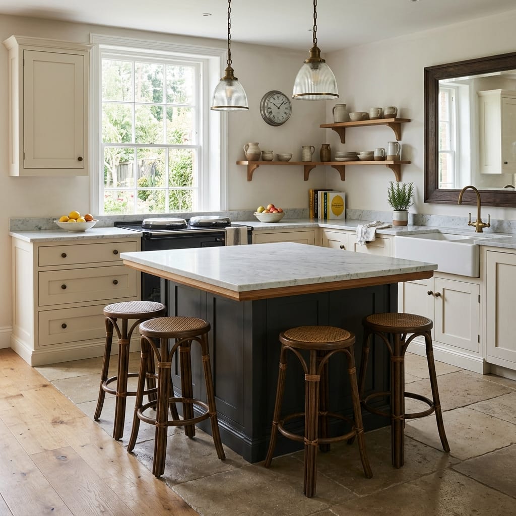 cream kitchen with marble-topped island and wooden stools