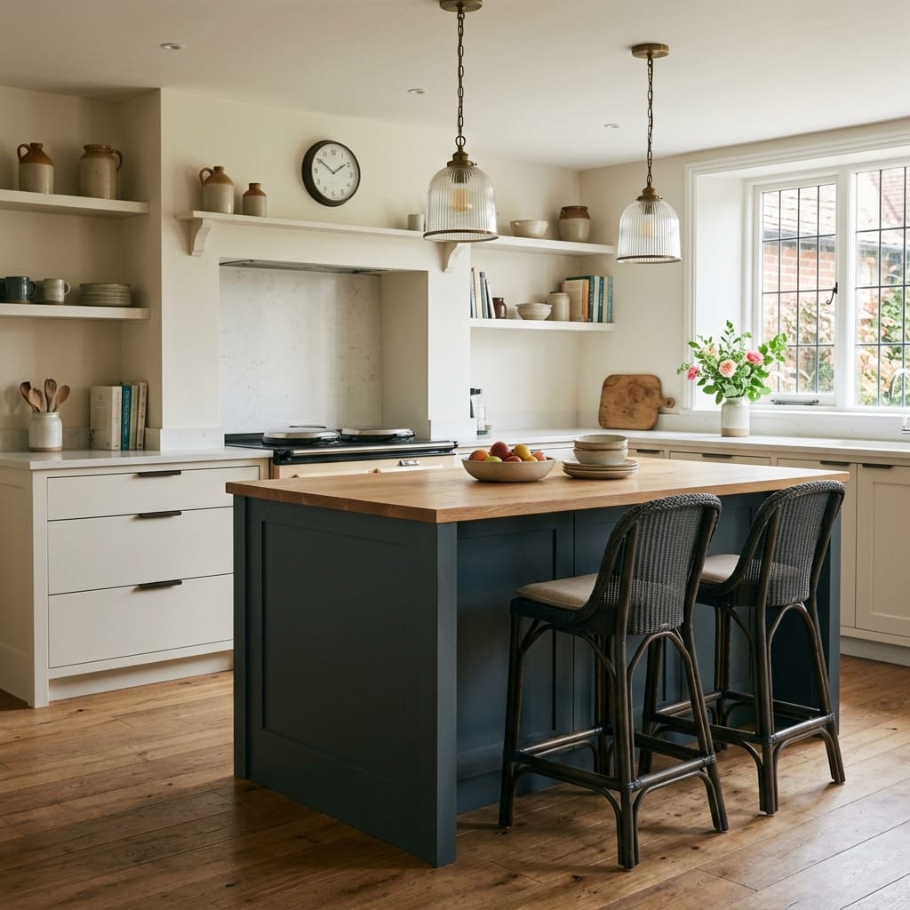 Bespoke kitchen cabinetry detail, matt painted handleless slab cabinetry with quality joinery