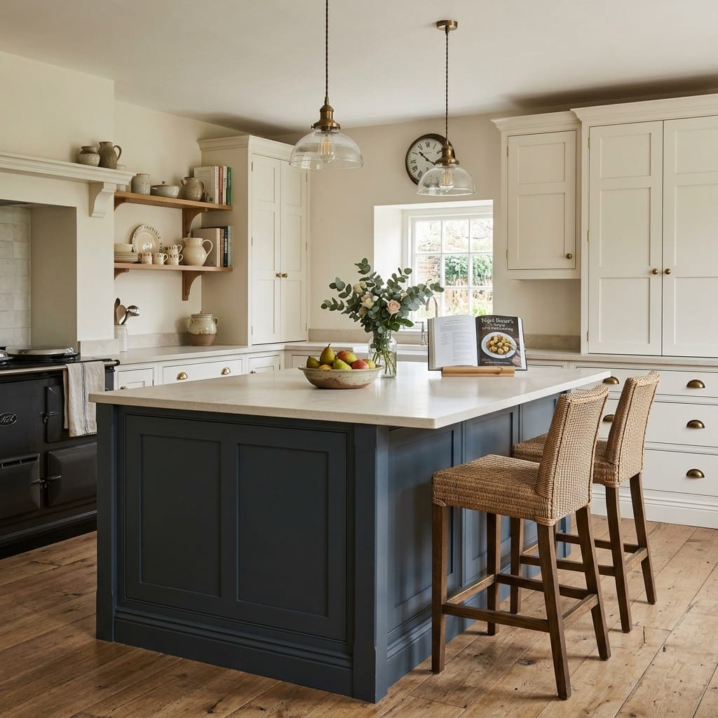cream cupboards with dark blue island, wicker stools and wooden flooring