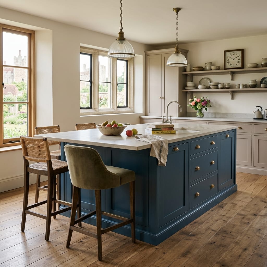 blue kitchen island with brass handles and wooden stools on oak floor