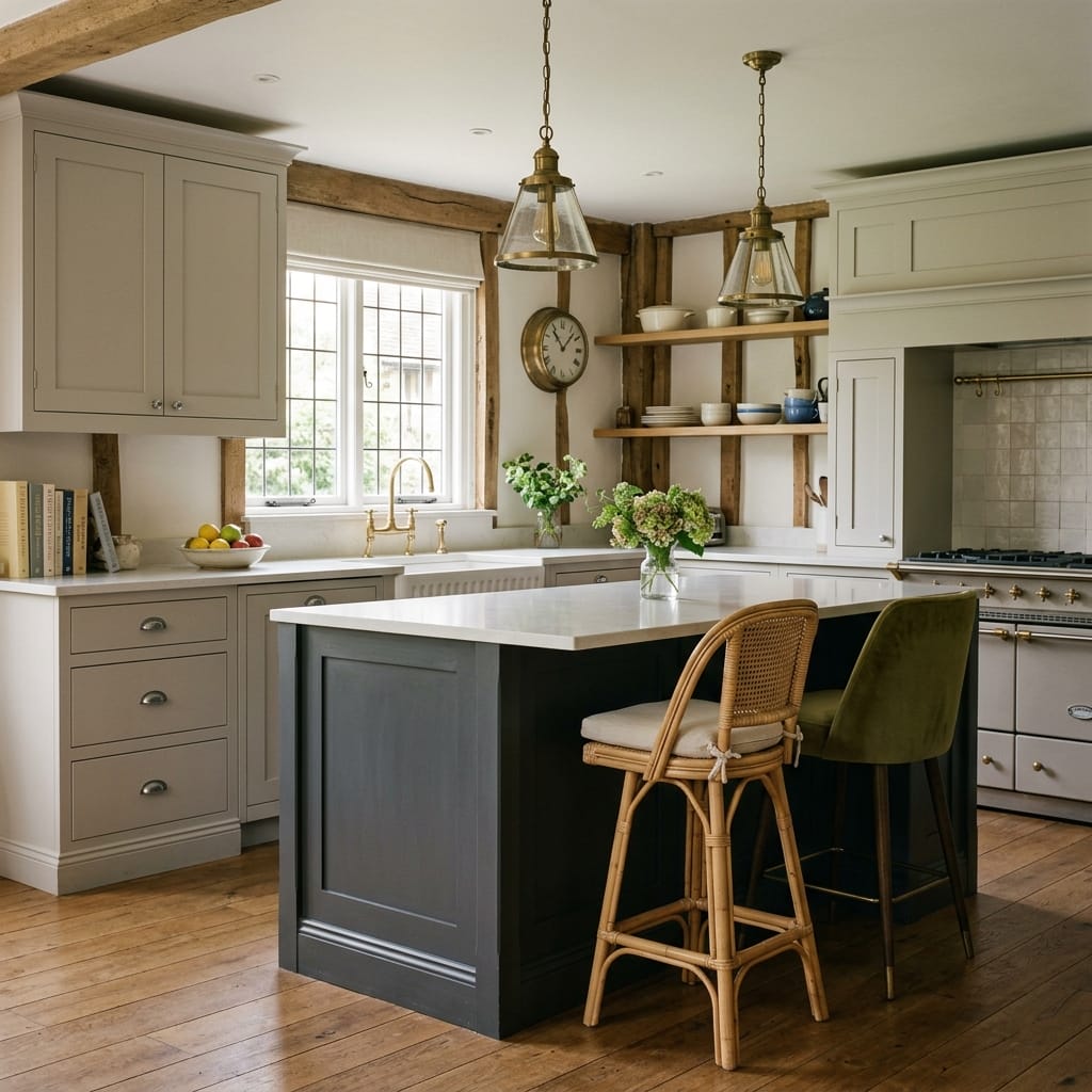 Classic Mastercraft kitchen with sage green island, wooden beams and pendant lights