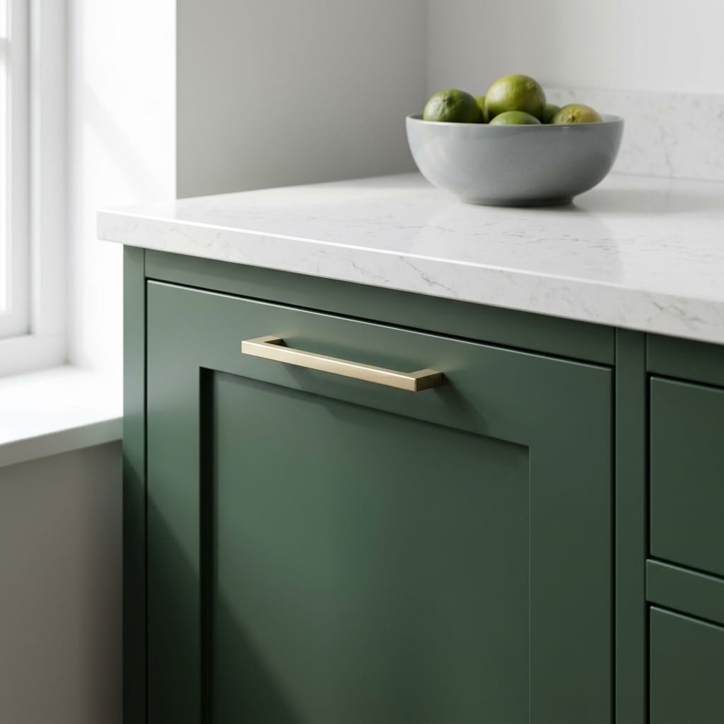 matte green cupboard with gold handle and white marble worktop
